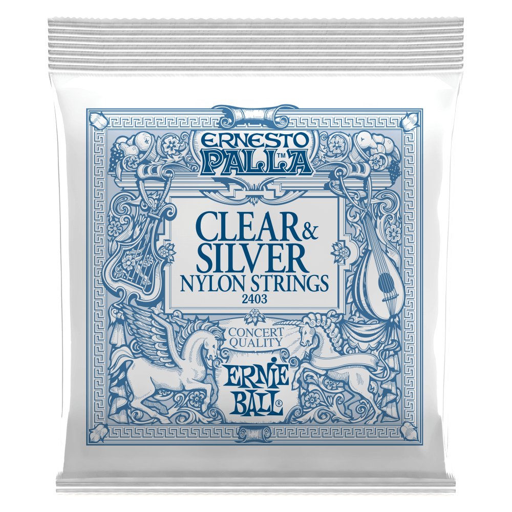 Ernie Ball clear and silver nylon strings packaging on a white background
