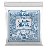Ernie Ball clear and silver nylon strings packaging on a white background