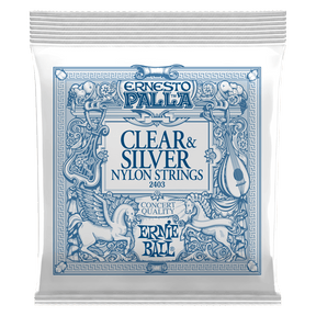 Ernie Ball clear and silver nylon strings packaging on a white background