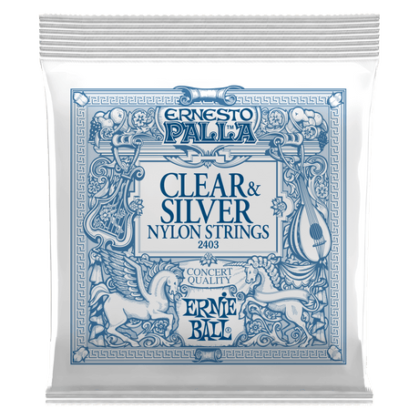Ernie Ball clear and silver nylon strings packaging on a white background