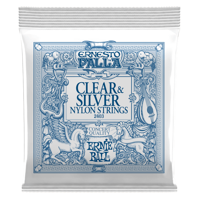 Ernie Ball clear and silver nylon strings packaging on a white background