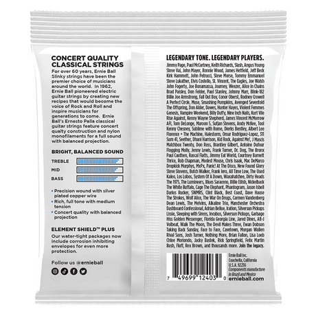 Ernie Ball guitar string packaging with product details and branding.