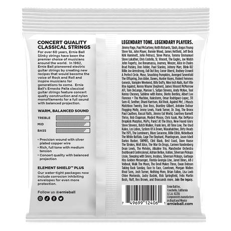 Ernie Ball guitar string packaging with product details and branding.