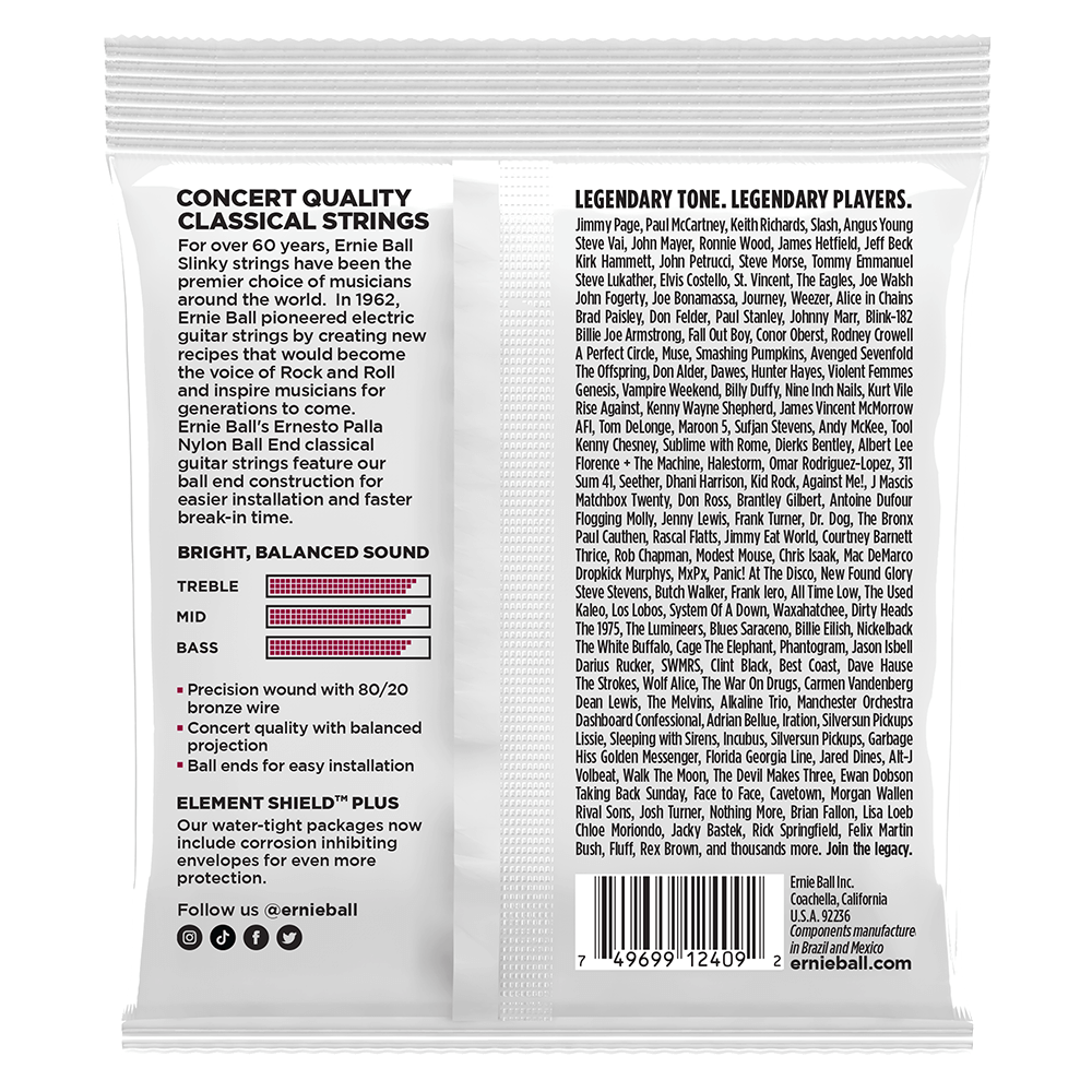 Package of Ernie Ball classical guitar strings with product details on a white background