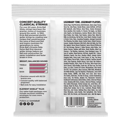 Package of Ernie Ball classical guitar strings with product details on a white background
