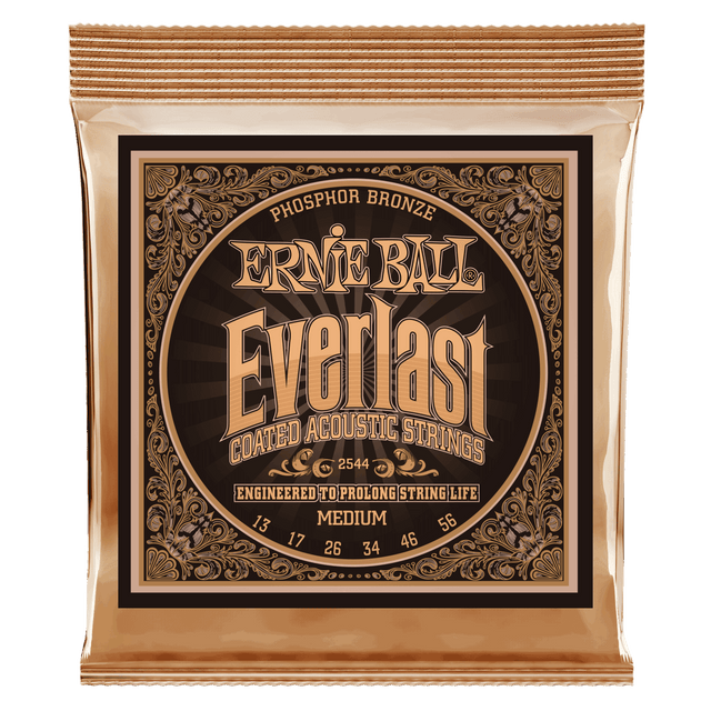 A gold package of Ernie Ball guitar strings with Everlast branding on a white background