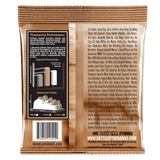 A gold package of Ernie Ball guitar strings with product details on a white background