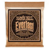 A gold package of Ernie Ball guitar strings with Everlast branding on a white background