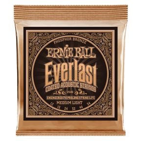 A gold package of Ernie Ball guitar strings with Everlast branding on a white background