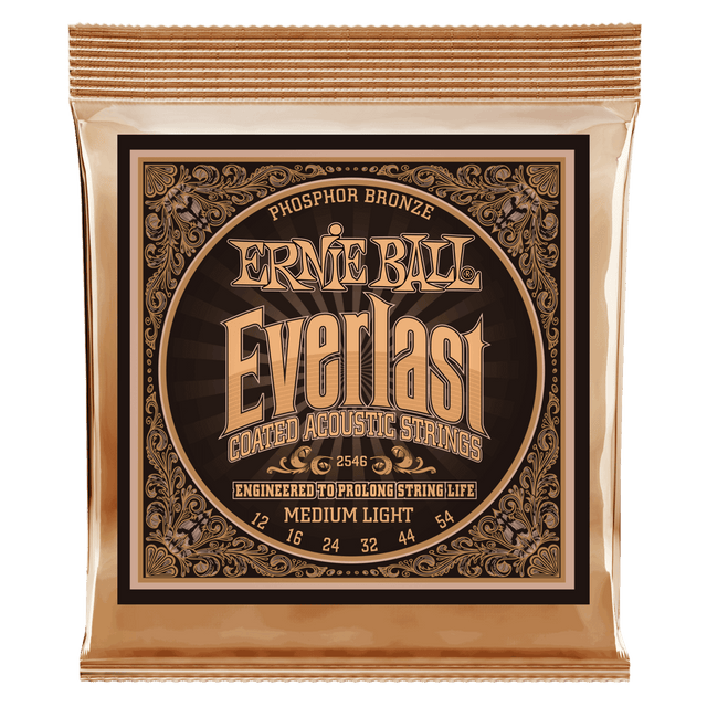 A gold package of Ernie Ball guitar strings with Everlast branding on a white background