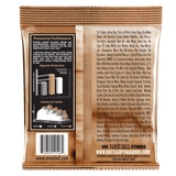 A gold package of Ernie Ball guitar strings with product details on a white background