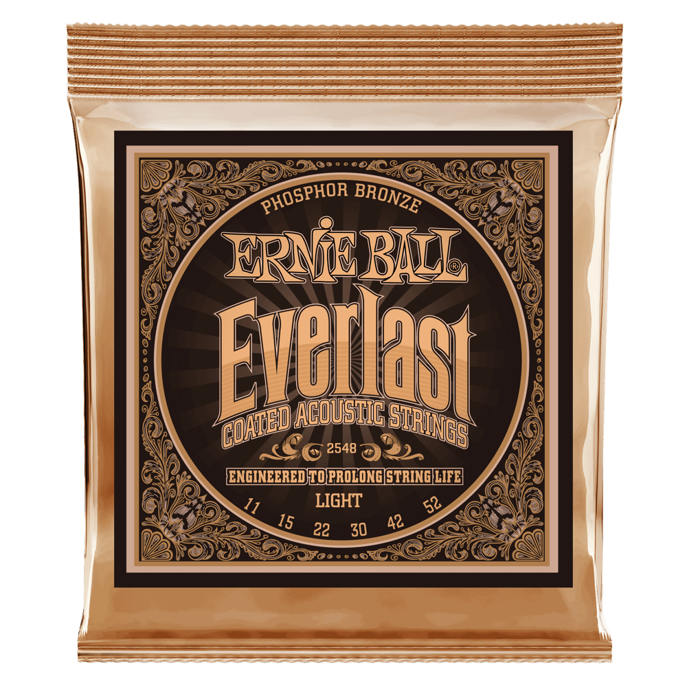 A gold package of Ernie Ball acoustic guitar strings with Everlast branding on a white background
