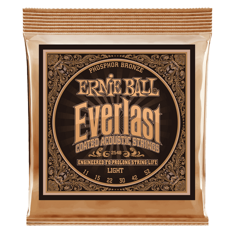 A gold package of Ernie Ball acoustic guitar strings with Everlast branding on a white background