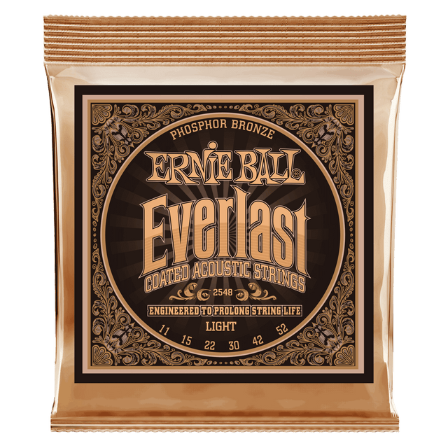 A gold package of Ernie Ball acoustic guitar strings with Everlast branding on a white background