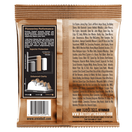 A gold package of Ernie Ball acoustic guitar strings with product details on a white background
