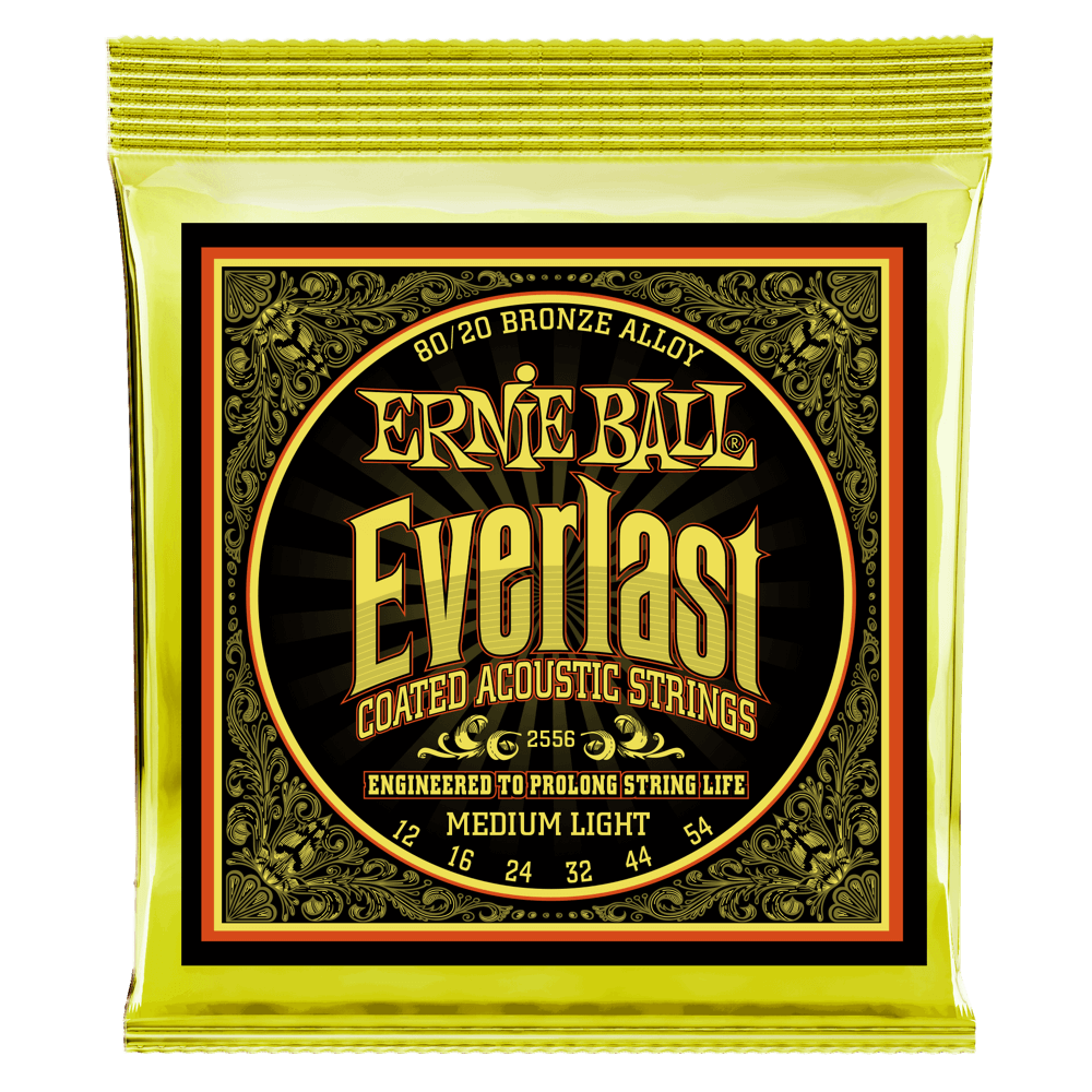 A yellow package of Ernie Ball guitar strings with Everlast branding on a white background