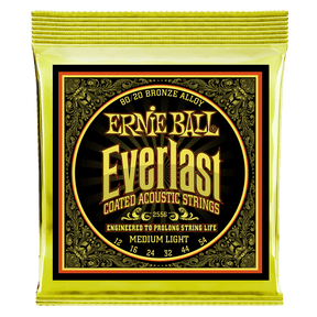 A yellow package of Ernie Ball guitar strings with Everlast branding on a white background