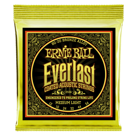 A yellow package of Ernie Ball guitar strings with Everlast branding on a white background