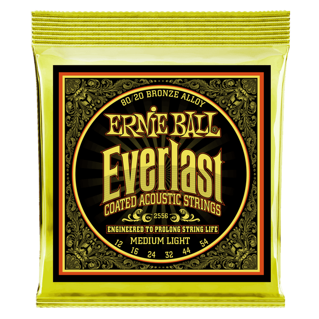 A yellow package of Ernie Ball guitar strings with Everlast branding on a white background
