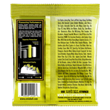 A yellow package of Ernie Ball guitar strings with product details on a white background