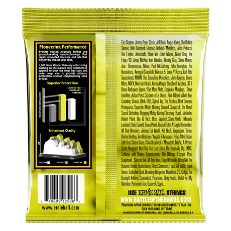 A yellow package of Ernie Ball guitar strings with product details on a white background