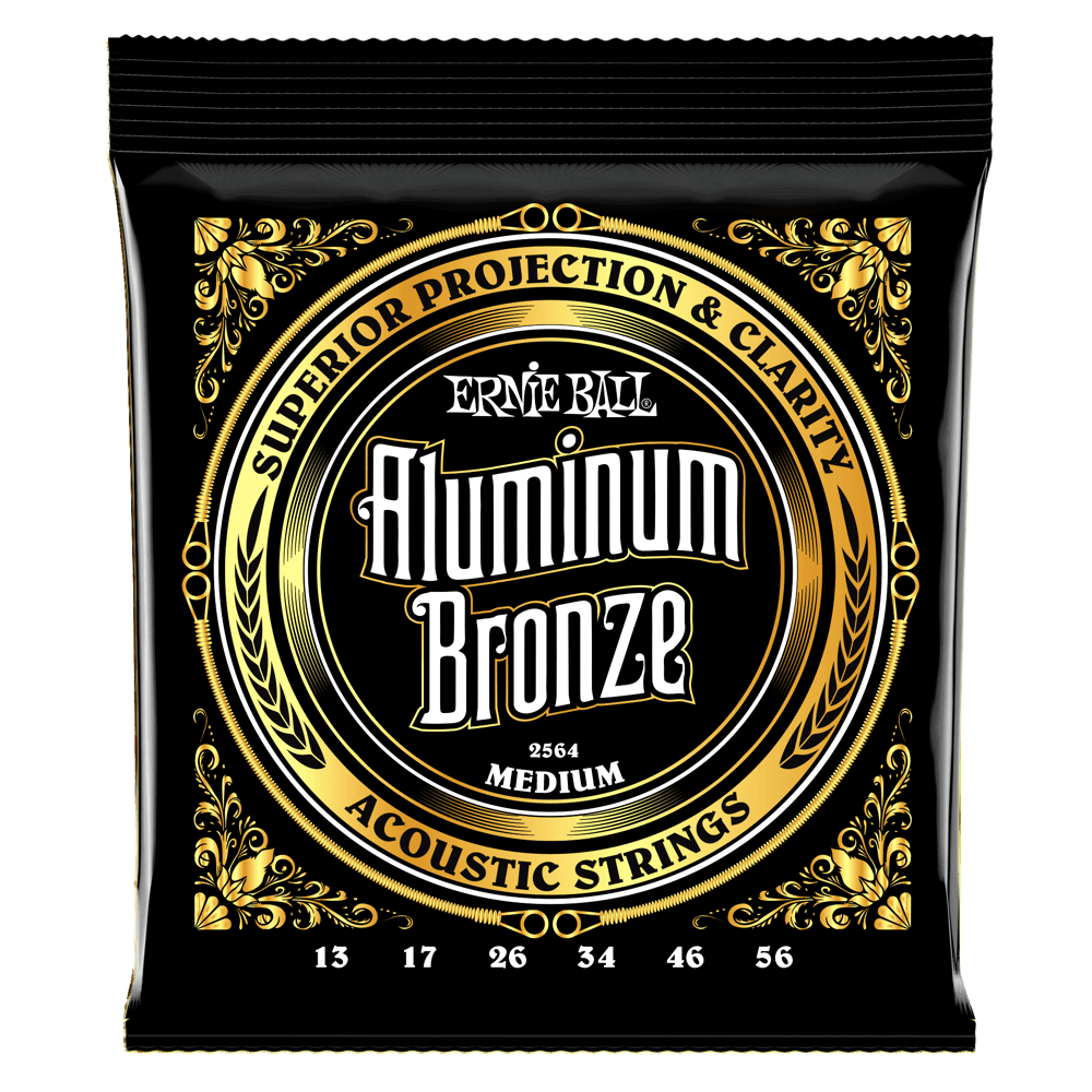 A black package of Ernie Ball Aluminum Bronze guitar strings on a white background