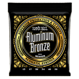 A black package of Ernie Ball Aluminum Bronze guitar strings on a white background