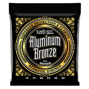 A black package of Ernie Ball Aluminum Bronze guitar strings on a white background