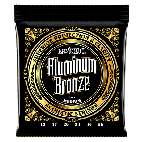 A black package of Ernie Ball Aluminum Bronze guitar strings on a white background