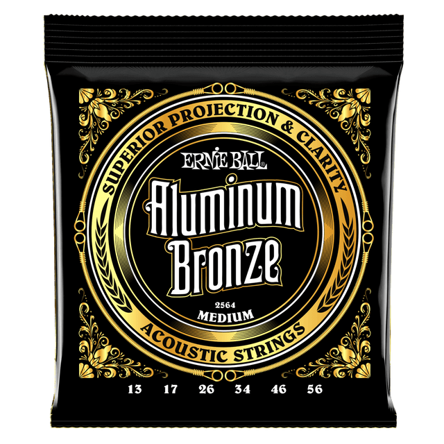 A black package of Ernie Ball Aluminum Bronze guitar strings on a white background