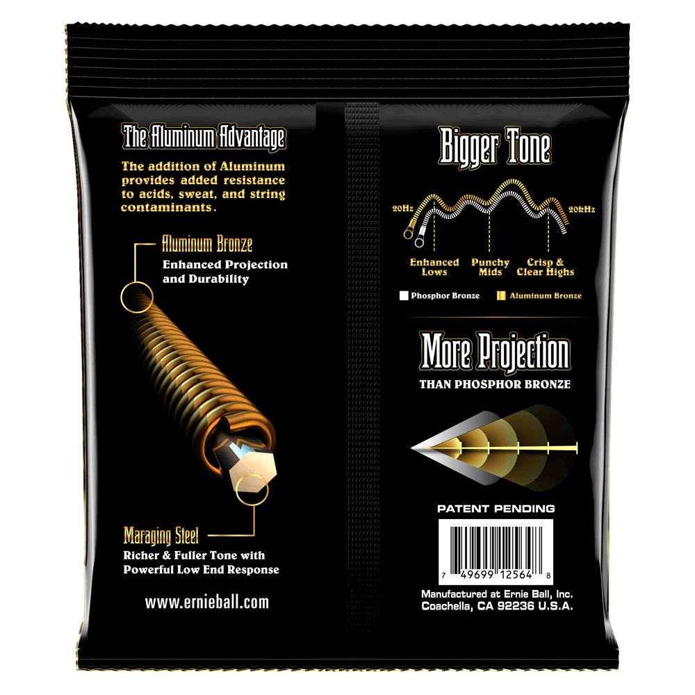 A black package of Ernie Ball guitar strings with product details on a white background