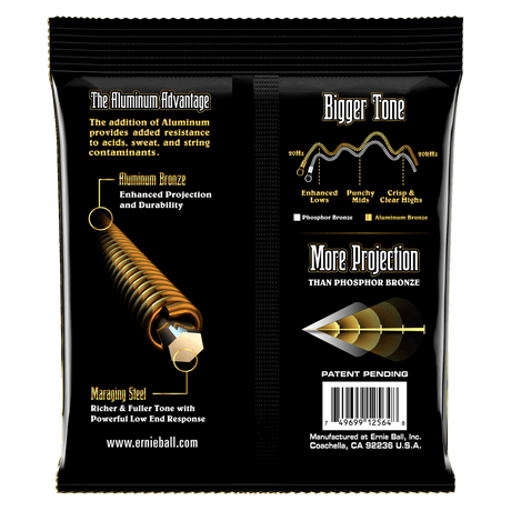 A black package of Ernie Ball guitar strings with product details on a white background