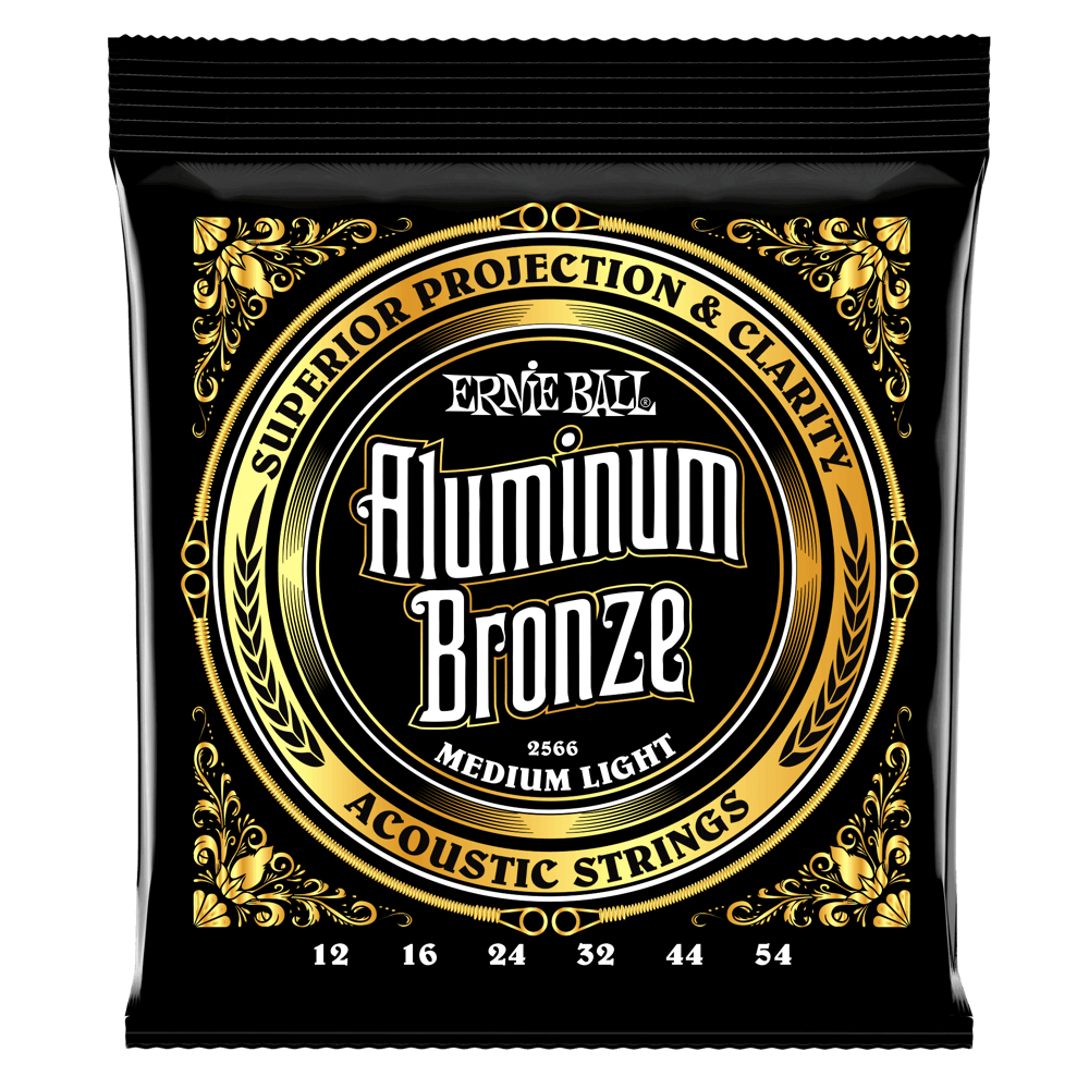 A black package of Ernie Ball Aluminum Bronze guitar strings on a white background