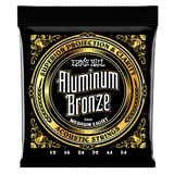 A black package of Ernie Ball Aluminum Bronze guitar strings on a white background