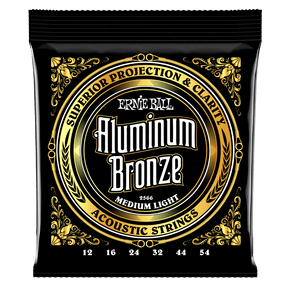 A black package of Ernie Ball Aluminum Bronze guitar strings on a white background