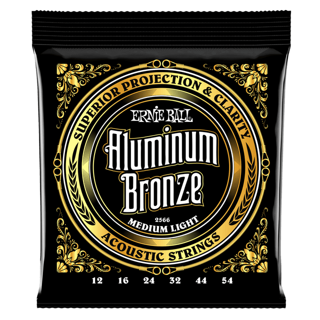 A black package of Ernie Ball Aluminum Bronze guitar strings on a white background