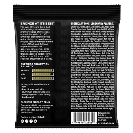 A black package of Ernie Ball guitar strings with product details on a white background