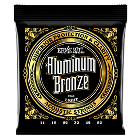 A black package of Ernie Ball Aluminum Bronze guitar strings on a white background
