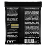 A black package of Ernie Ball guitar strings with product details on a white backgroundf