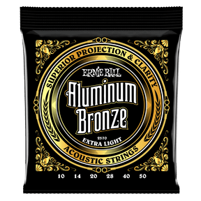 A black pack of Ernie Ball Aluminum Bronze guitar strings on a white background