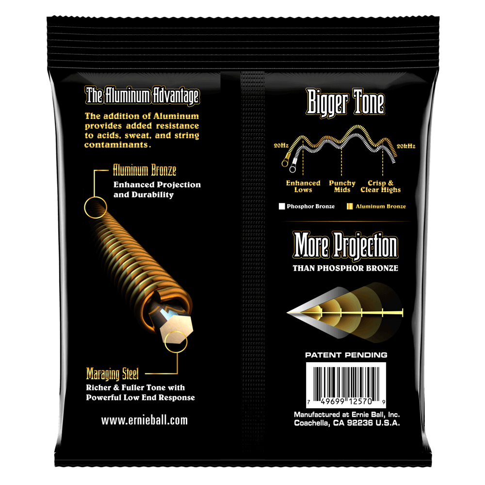 The backside of a black pack of Ernie Ball guitar strings with product details on a white background