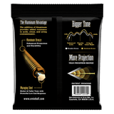 The backside of a black pack of Ernie Ball guitar strings with product details on a white background