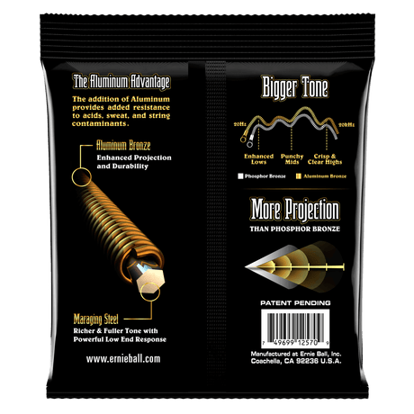 The backside of a black pack of Ernie Ball guitar strings with product details on a white background