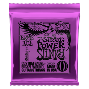 Ernie Ball 7-string power slinky guitar strings packaging with purple background