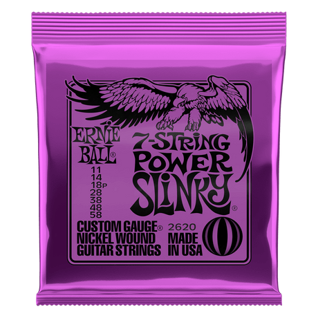 Ernie Ball 7-string power slinky guitar strings packaging with purple background