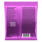 The backside of a purple package of Ernie Ball guitar strings with product details on a white background