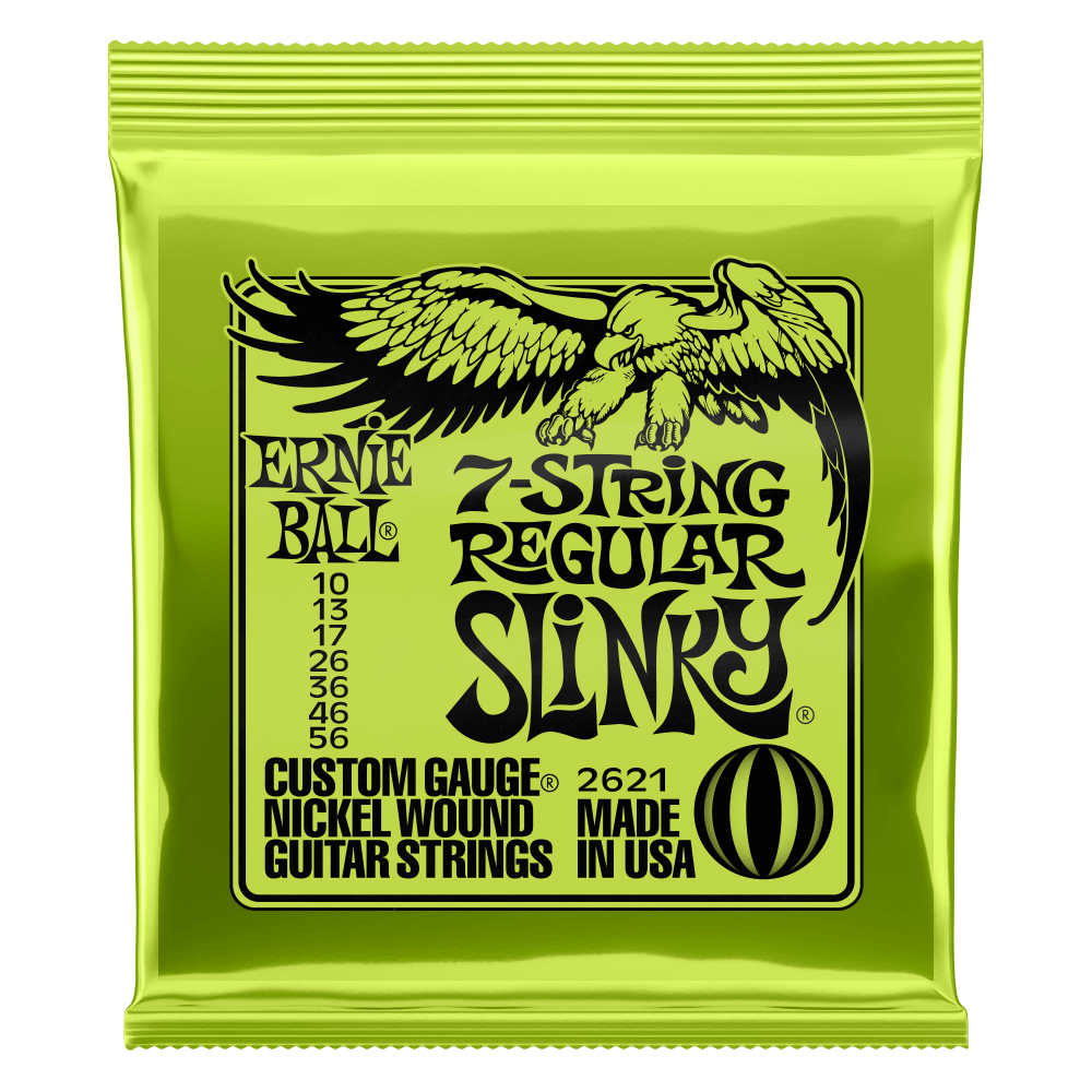 Ernie Ball 7-string regular slinky guitar strings packaging on a white background