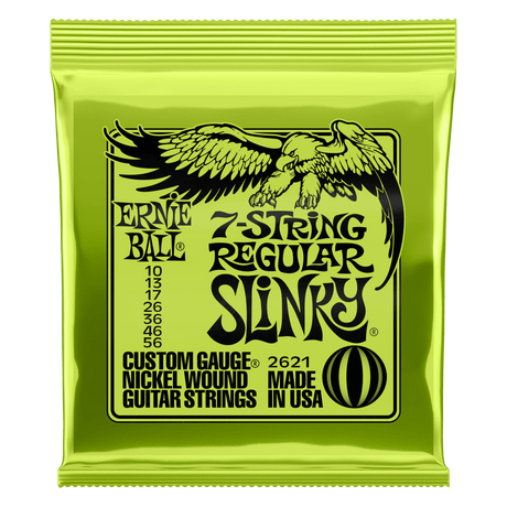 Ernie Ball 7-string regular slinky guitar strings packaging on a white background