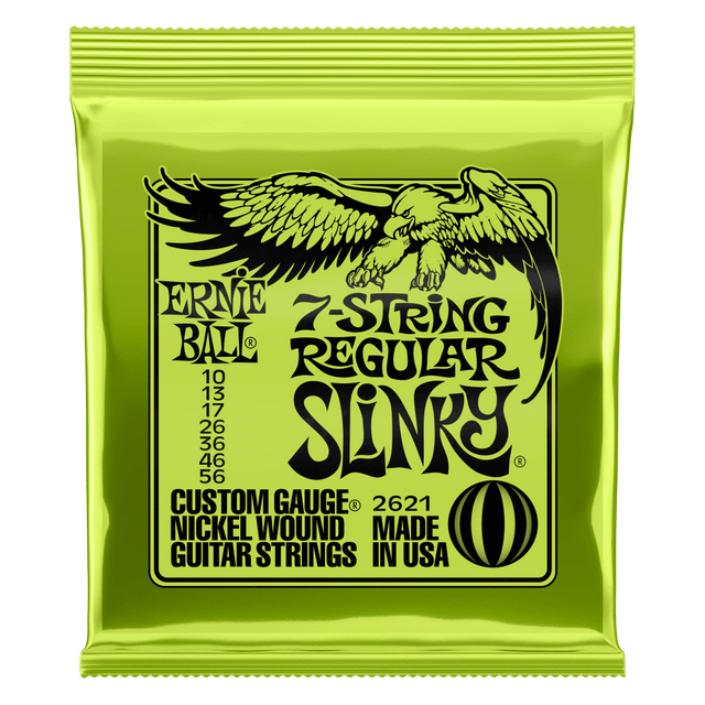 Ernie Ball 7-string regular slinky guitar strings packaging on a white background