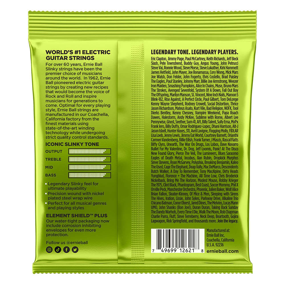 The backside of a green pack of Ernie Ball guitar strings with product details on a white background